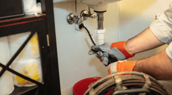 Drain cleaning technician using a motorized plumbing snake to clear a clogged sink pipe in Cape Coral, FL
