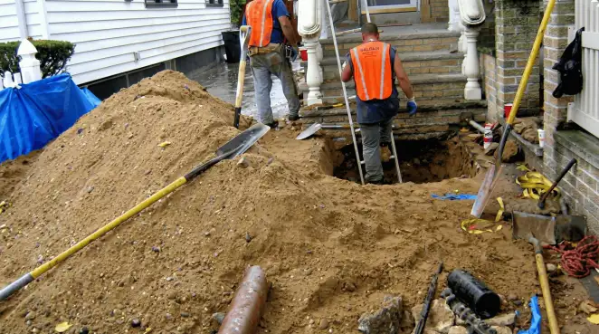 Contractors performing foundation protection and exterior drainage excavation near residential home steps in Cape Coral, FL